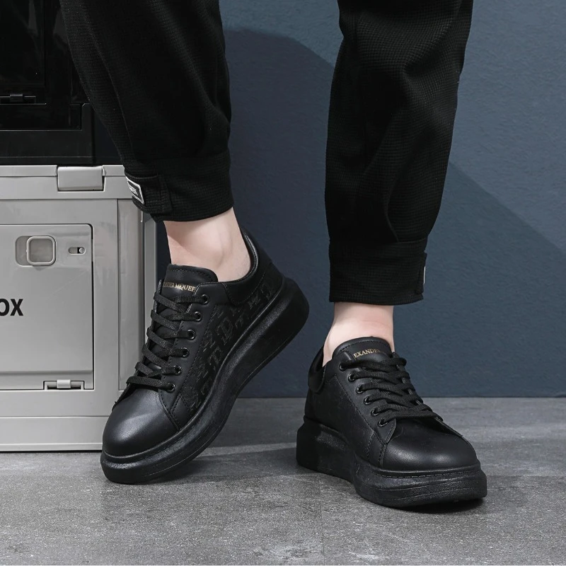 남성용 레이스업 캐주얼 스니커즈, 높이 조절 보드 신발, 다목적 가죽 두꺼운 밑창 머핀 신발, 2024 신상