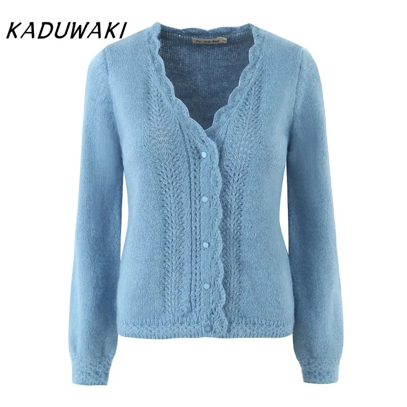 

KADUWAKI Autumn Blue Crochet Hollow Out Hole Buttons Through Knitted Coats Woman V Neck Full Sleeve Jumper Loose Knitwear Jumper