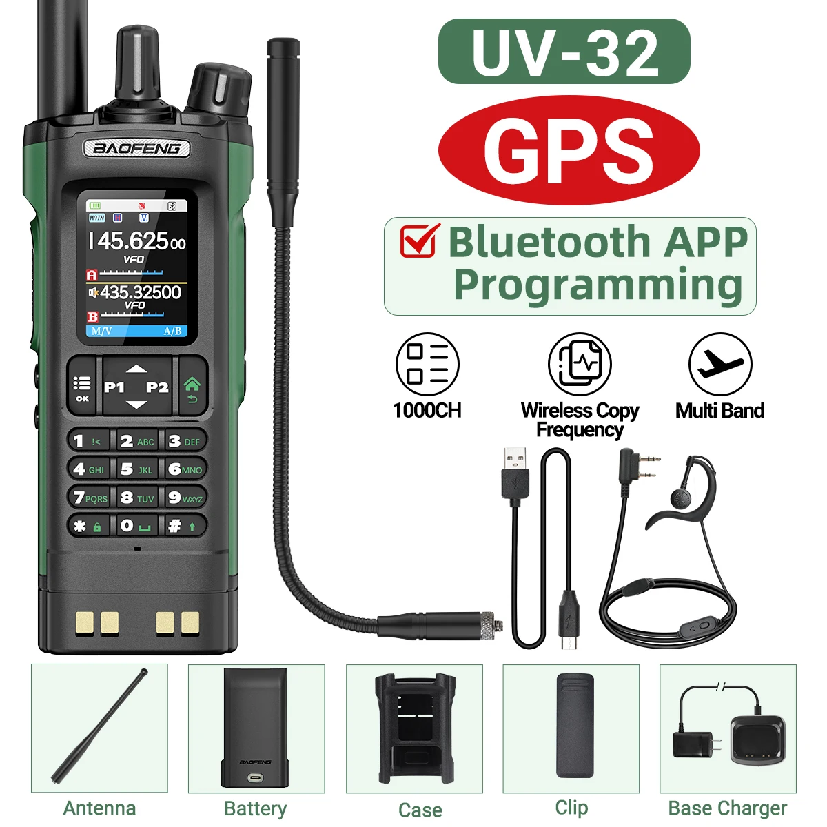 BAOFENG UV-32 GPS Air Band Walkie Talkie Lange afstand 10W Multi Band Bluetooth Programmering Draadloze kopieerfrequentie Tweerichtingsradio