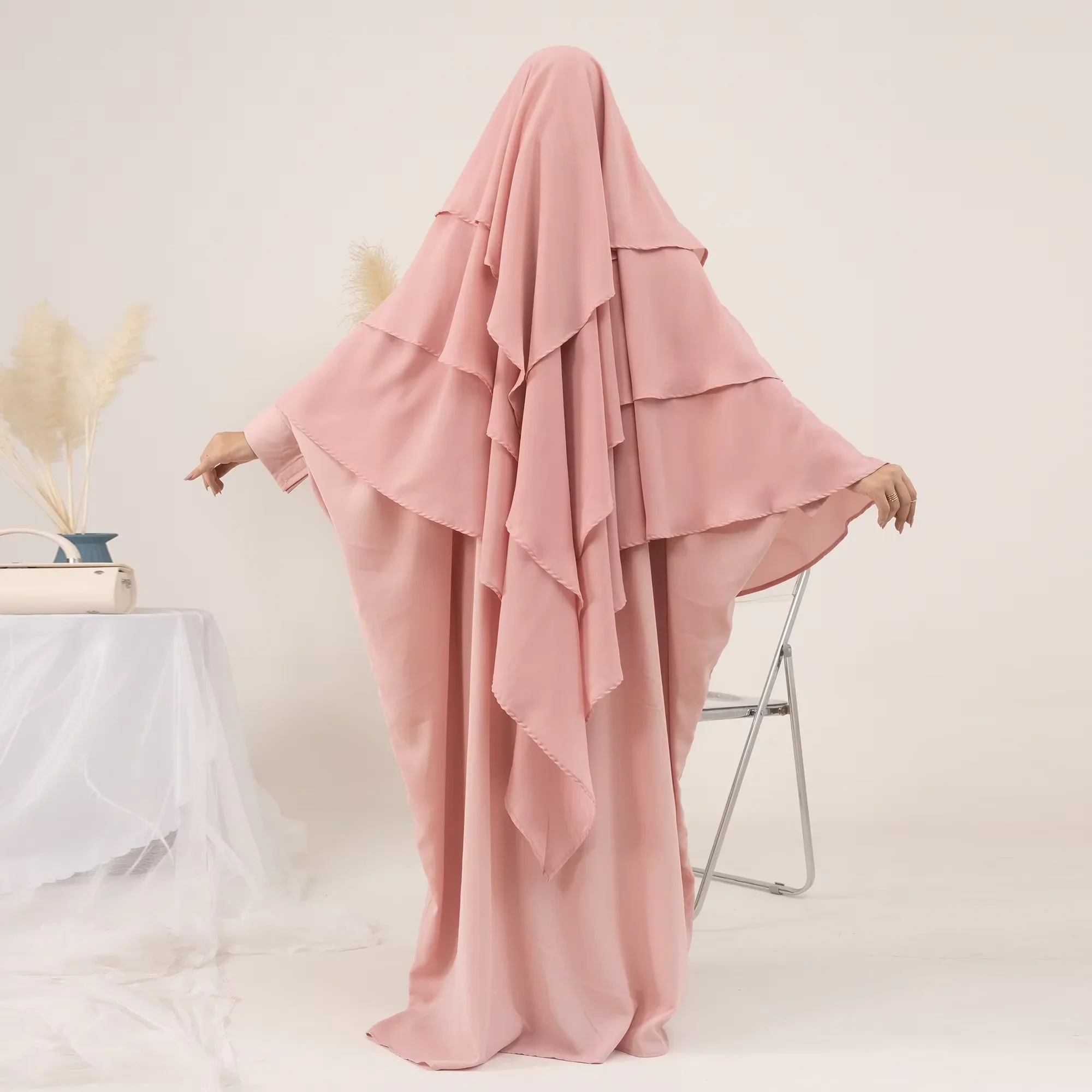 

Eid 3 Layer Overhead Hijab Long Khimar Ramadan Muslim Prayer Garment Long Headscarf Women Abaya Headdress Scarf Niqab Djellaba