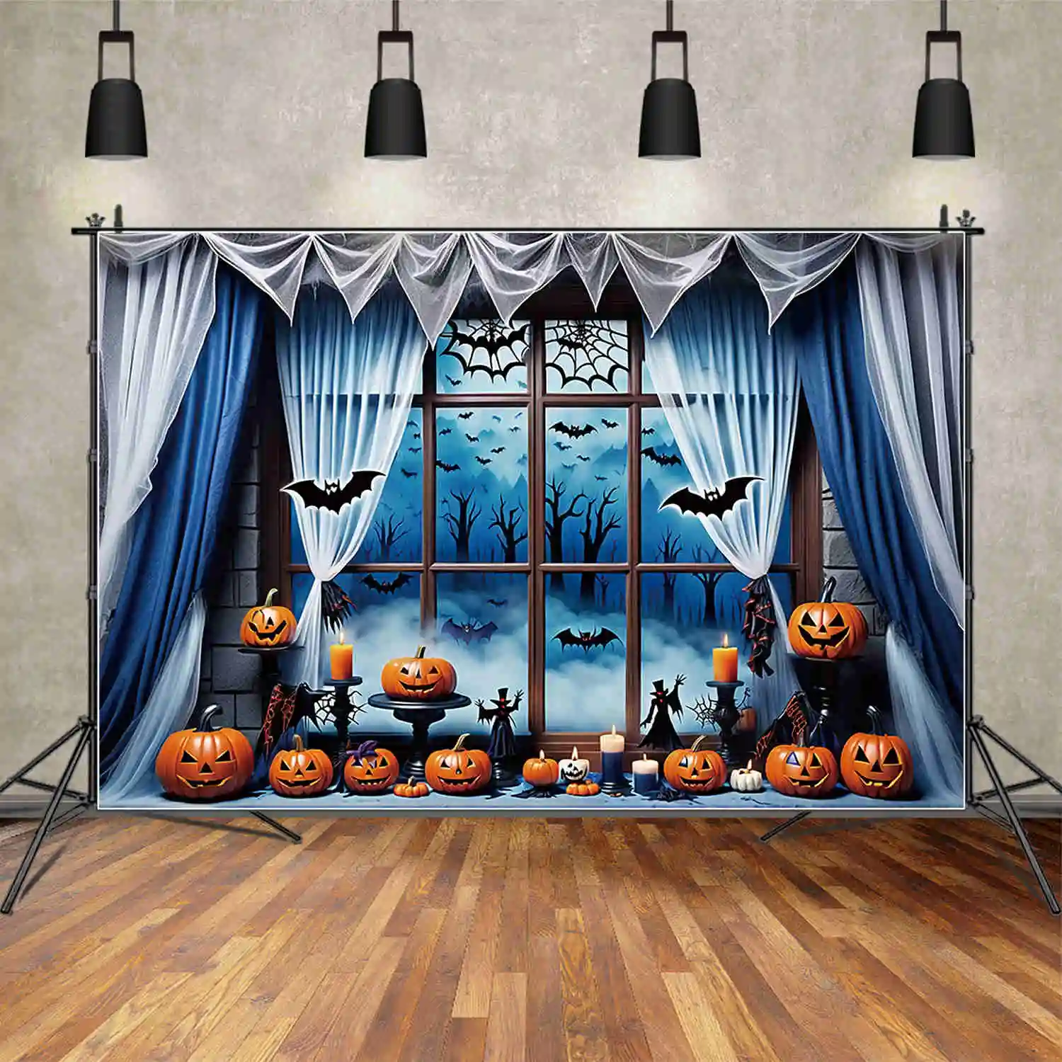 MOON.QG Halloween Blue Window Photography Backdrop Vampire Pumpkin Graveyard Photo Studio Background 2025 Photoshoot Back Drop