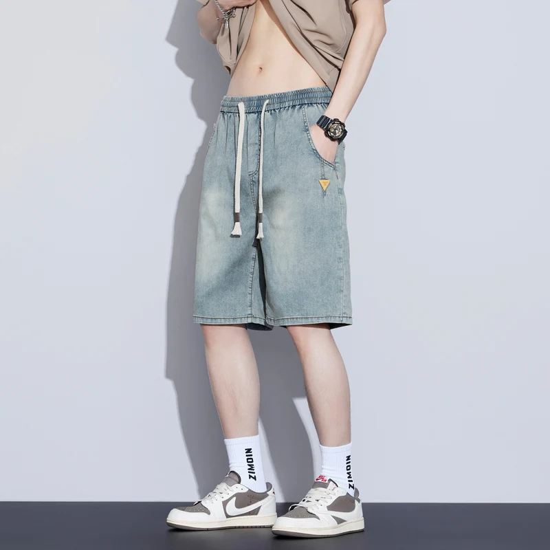 Men's Comfort Tencel Lyocell Stretch Denim Shorts  Summer Elastic Waist 5-Inch Lightweight Breathable Casual Jeans Shorts