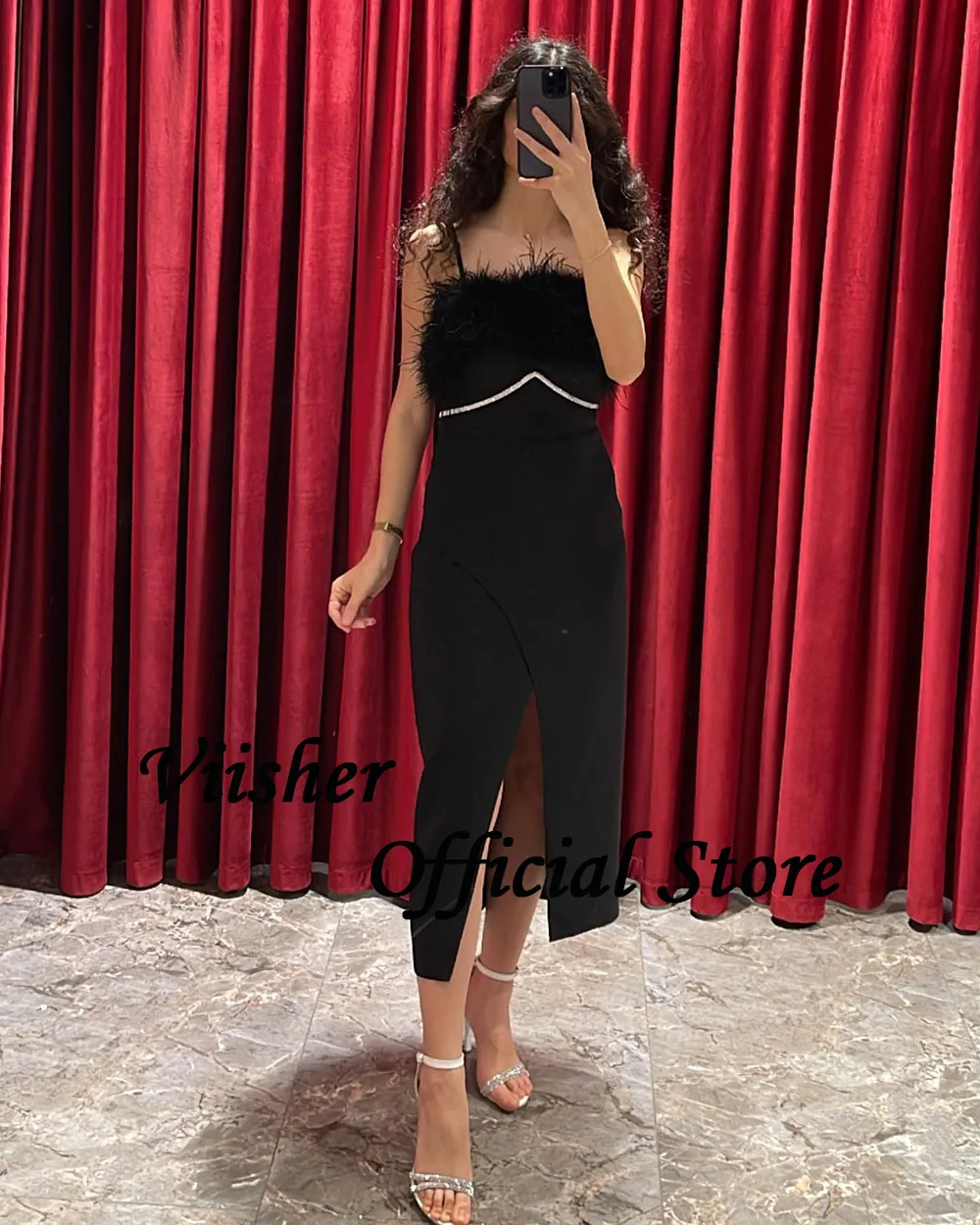 Viisher gaun malam putri duyung hitam, gaun pesta Prom Satin Mono tanpa tali bulu belah, gaun Formal Dubai Arab