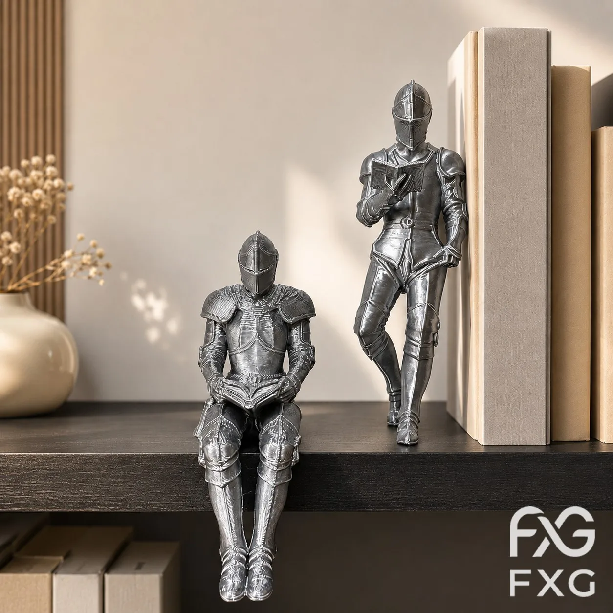 Knightly Reading Couple Figurine Set, 2 Medieval Armored Knight Statues (Standing & Sitting), 3D Printed Bookshelf Decor, Vintag