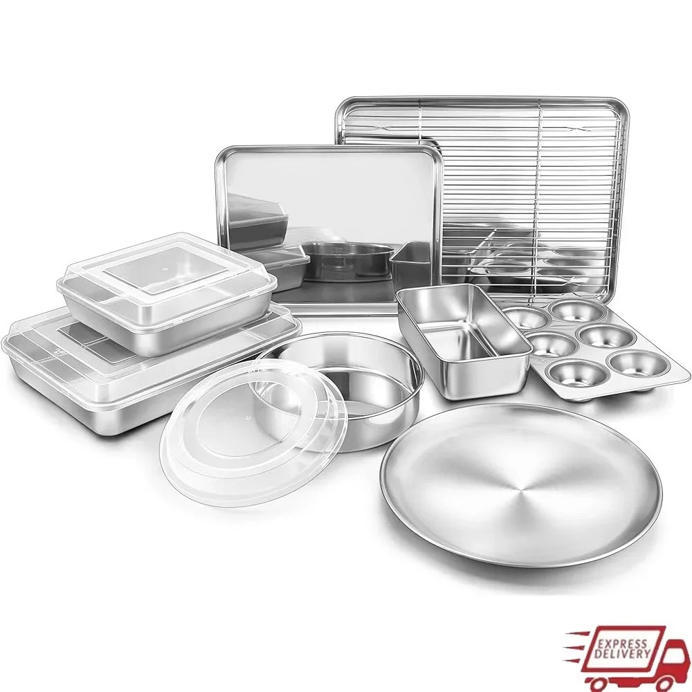 

12 Piece Bakeware Set Stainless Steel Baking Sheet Muffin Lasagna Pizza Round Square Cake Pan with Lids Oven Dishwasher Safe