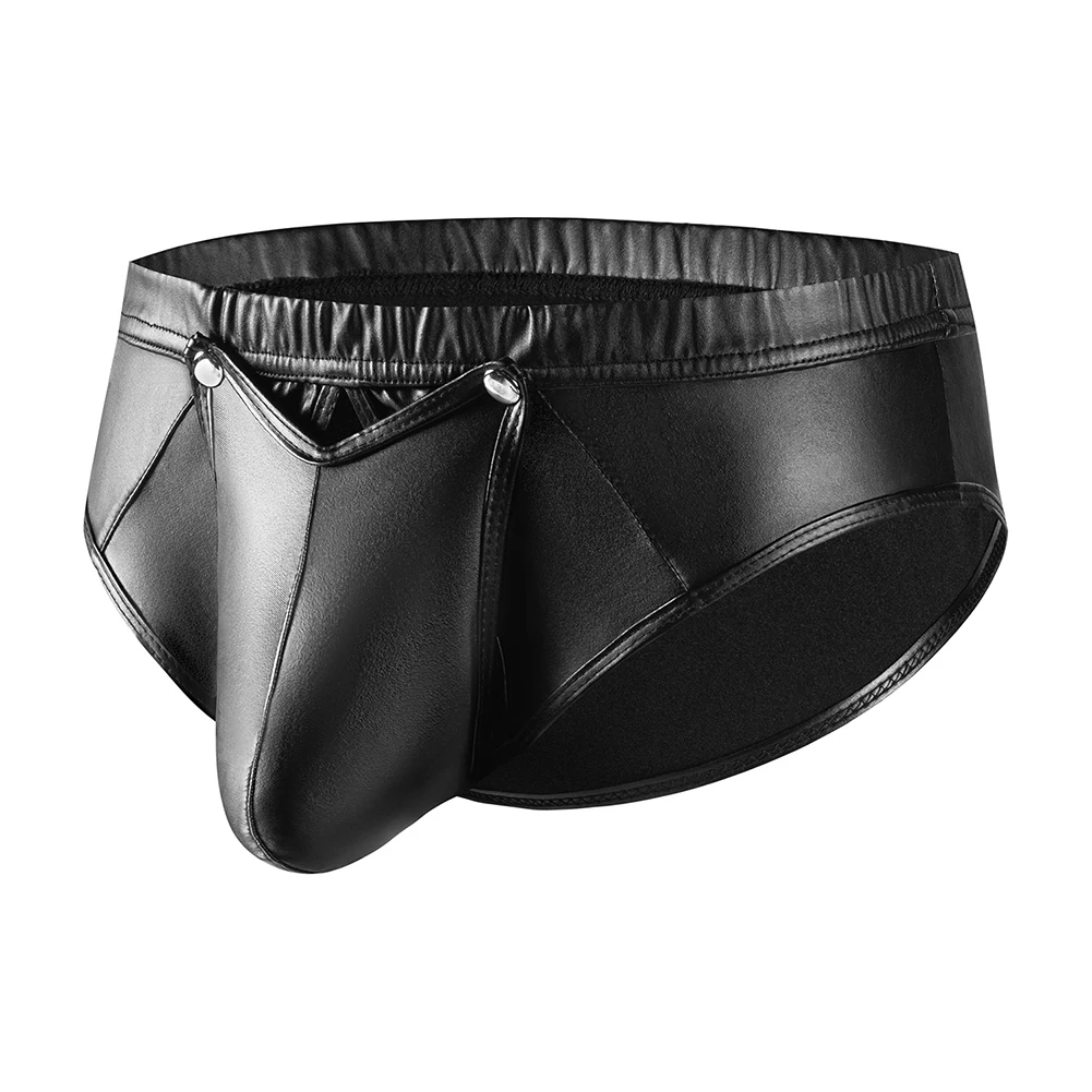 

Sexy Men Elastic Underwear Breathable Briefs Bulge Pouch Casual Comfortable Man Fashion Faux Leather Low Rise Shiny Shorts