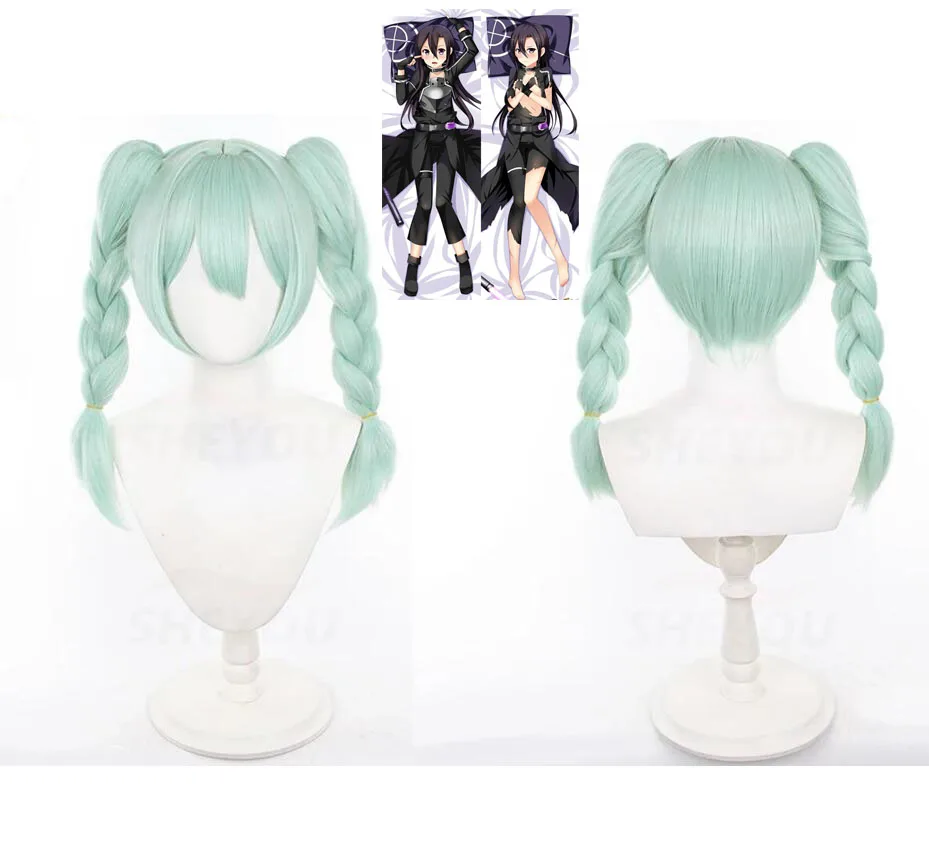 Cosplay Wig Light Green Long Pre Braided With Double Ponytails Heat Resistant Synthetic Hair Anime Wigs Pillow Case Dakimakura