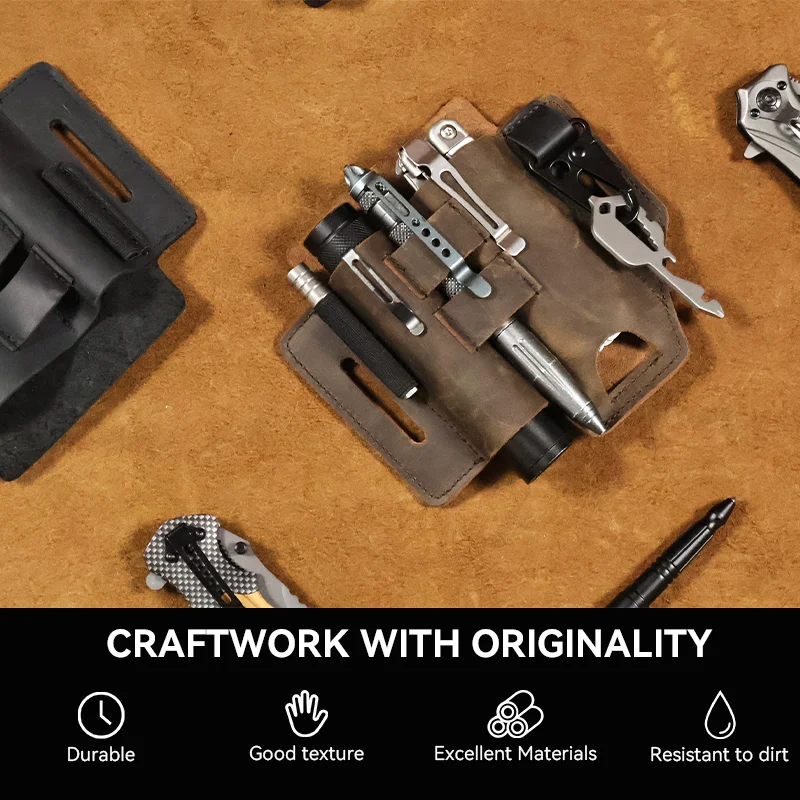 ชุดเครื่องมือหนังวัว1pcFirst-layer ไฟฉายตั้งแคมป์พร้อมกระเป๋าคาดเอวที่ใส่พวงกุญแจที่คลุมมีดพับได้อเนกประสงค์