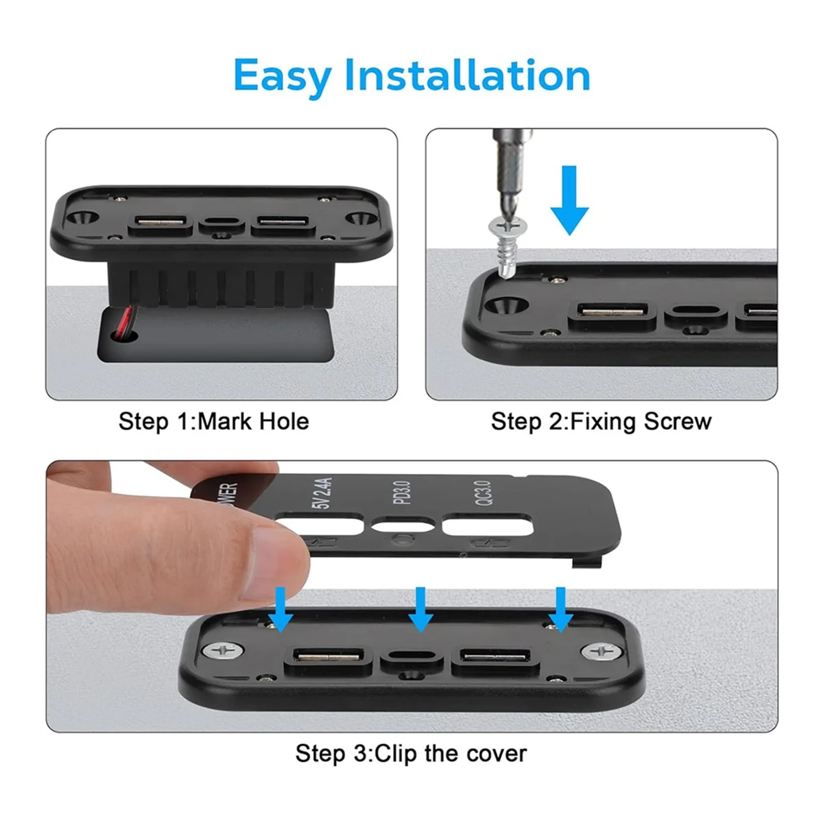 3 Ports 12V USB Outlet Charger, PD3.0 Type C, QC 3.0 USB A & 2.4A USB A Fast Charger Socket Adapter for Car Marine