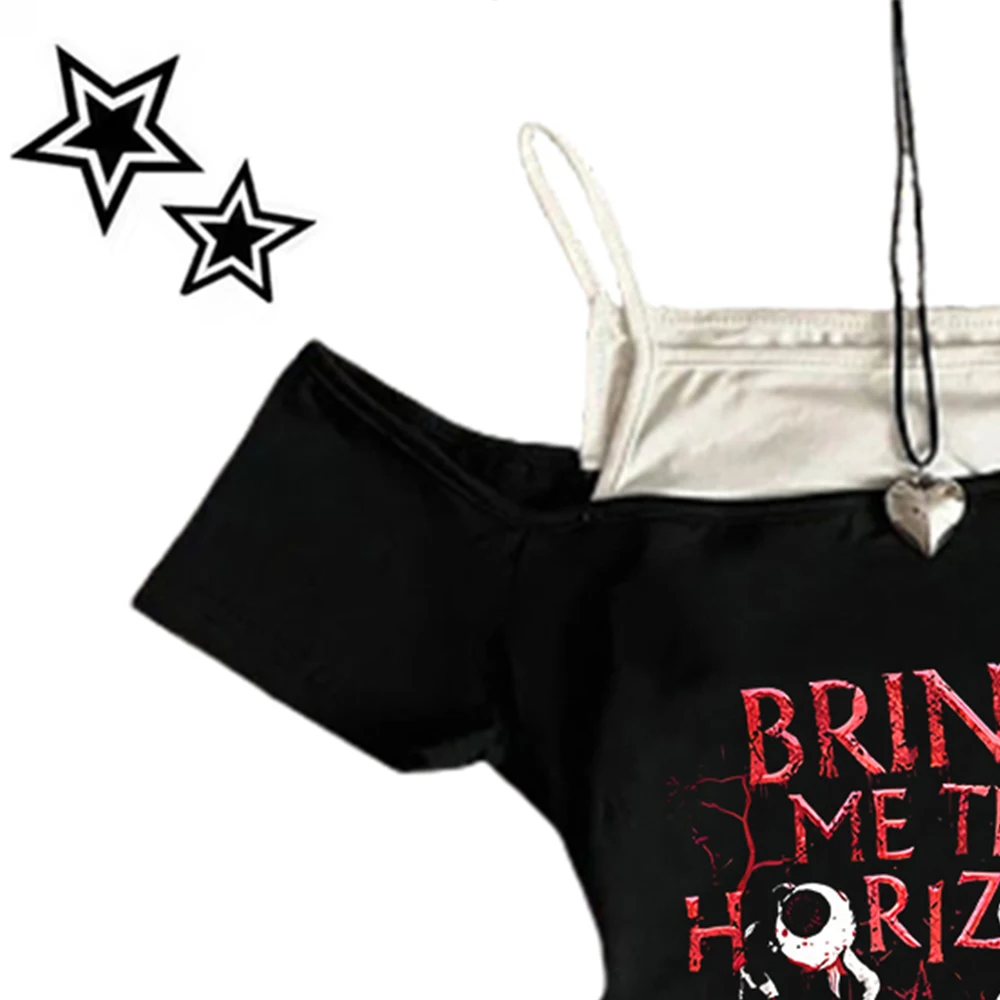 Vintage Grunge Casual Y2k Letter Gothic Dark Aesthetic Streetwear Short Sleeve T Shirts Back to 2000s Style Women Summer Tops