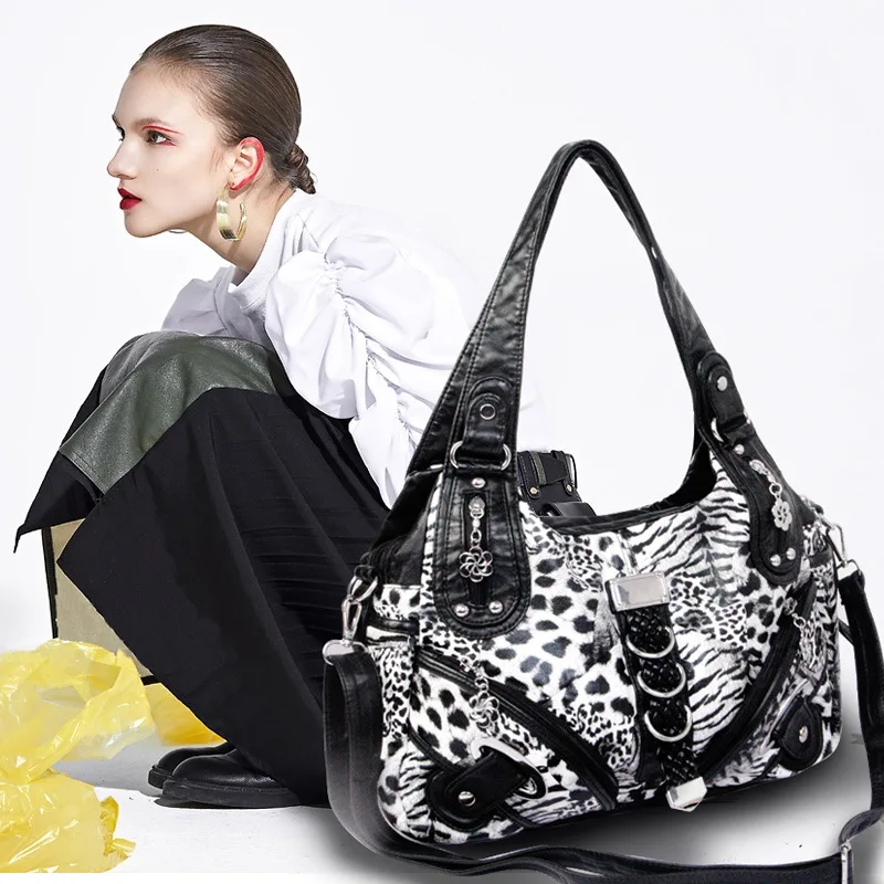 

European American Y2k Leopard Print Tote, Studded Pleated Motorcycle Shoulder Bag, Large Shopping Bag Multiple Pockets Hanbag