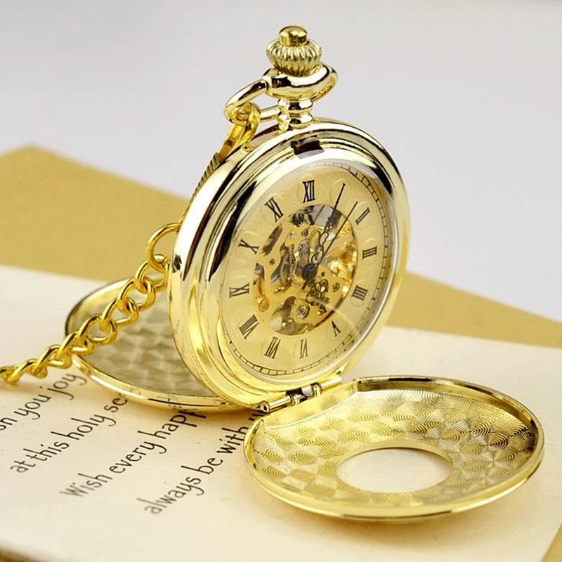 

Luxury Mechanical Dual Two SideOpen Pocket Watch for Men Women Skeleton Roman Numeral Fob Chain Pendant Clock for Collection