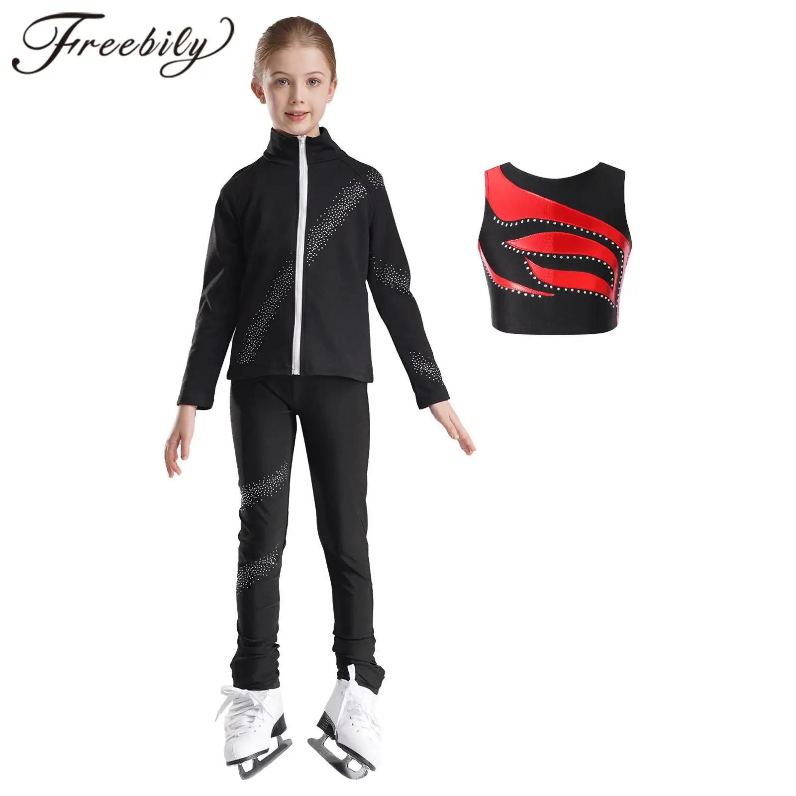 

Kids Girls 3Pcs Figure Skating Ballet Outfit Sportswear Crop Top Jacket Pants Children Clothes Sets for Dancing Workout Suits