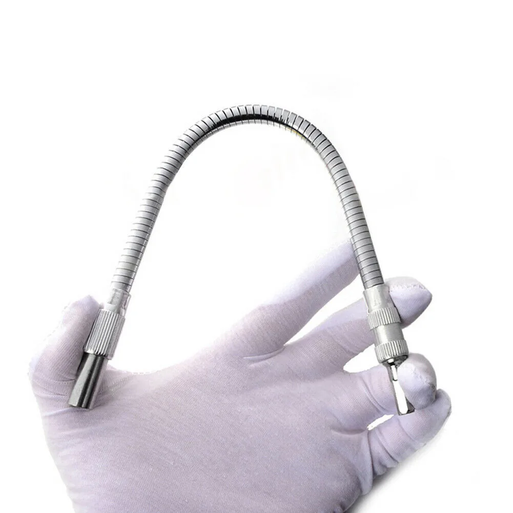 Flexible metal shaft extension with 1/4 inch hex handle for electric drills and screwdrivers for use in small spaces