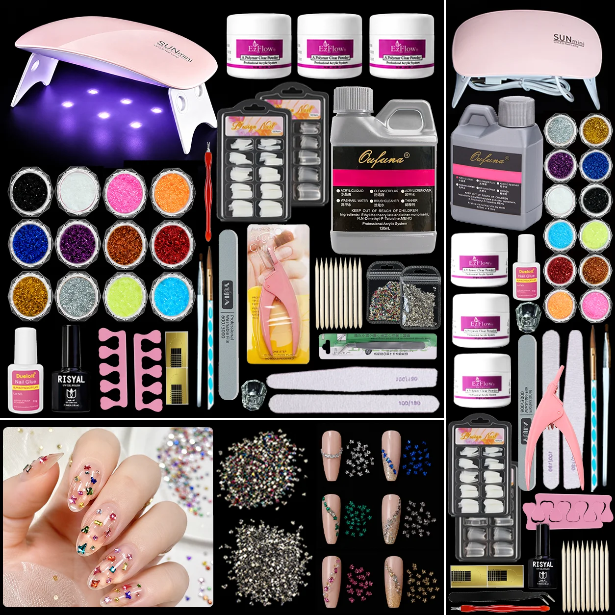 Professional Acrylic Nail Starter Kit, 42-in-1 Salon Supplies Set with UV Lamp, Acrylic Liquid & Powder, 200 Tips, 2880 Rhinestones, 12 Glitter, Manicure Tools for Beginners and Nail Techs, Wholesale 1
