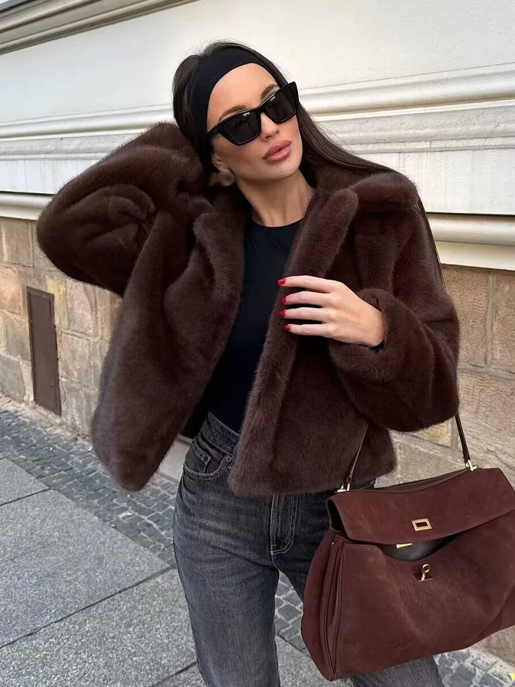 HH Frau Mode Revers Lange Ärmel Einreiher Tasche Dekoration Solide Kurzen Mantel Weibliche Beiläufige Dünne Faux Pelz Effekt Mantel