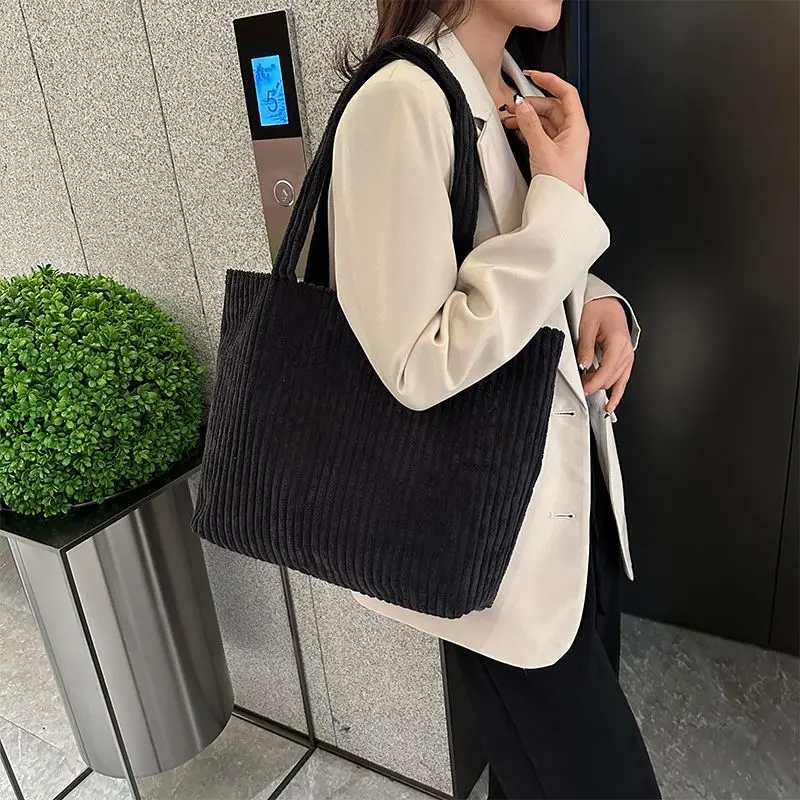 Bolsa de veludo cotelê feminina, bolsa de ombro casual, bolsa aberta