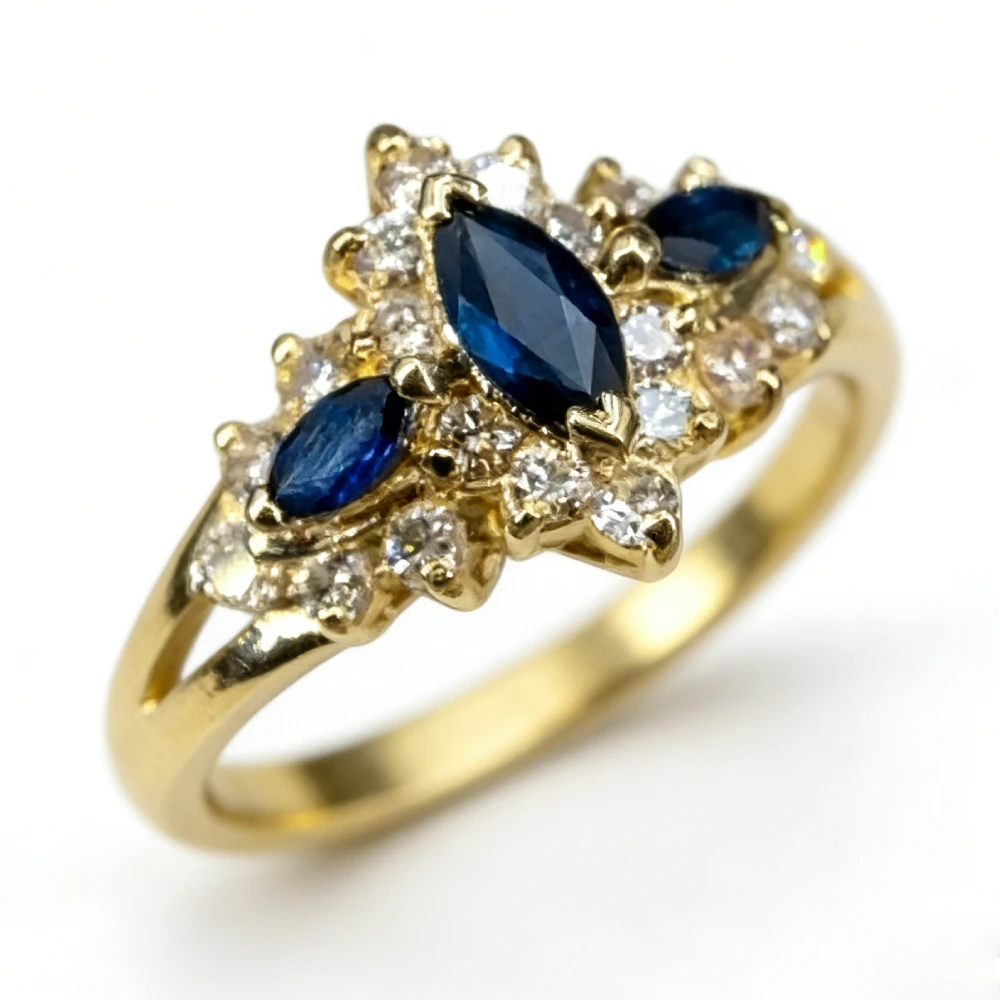 Huitan Eleganter Luxus-Ring in Goldfarbe für Damen, Accessoires für Hochzeit, Party, ausgefallener, trendiger Schmuck mit eingelegtem blauem Marquise-CZ, Geschenk für Damen