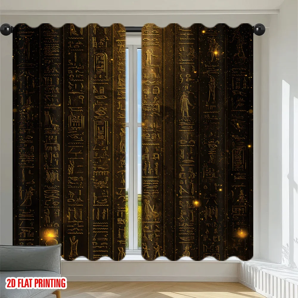 2D flat printing 2pcs Scene Curtain Ancient Egyptian Hieroglyphs Digital Printed Polyester Drapes Party Decorations Use for