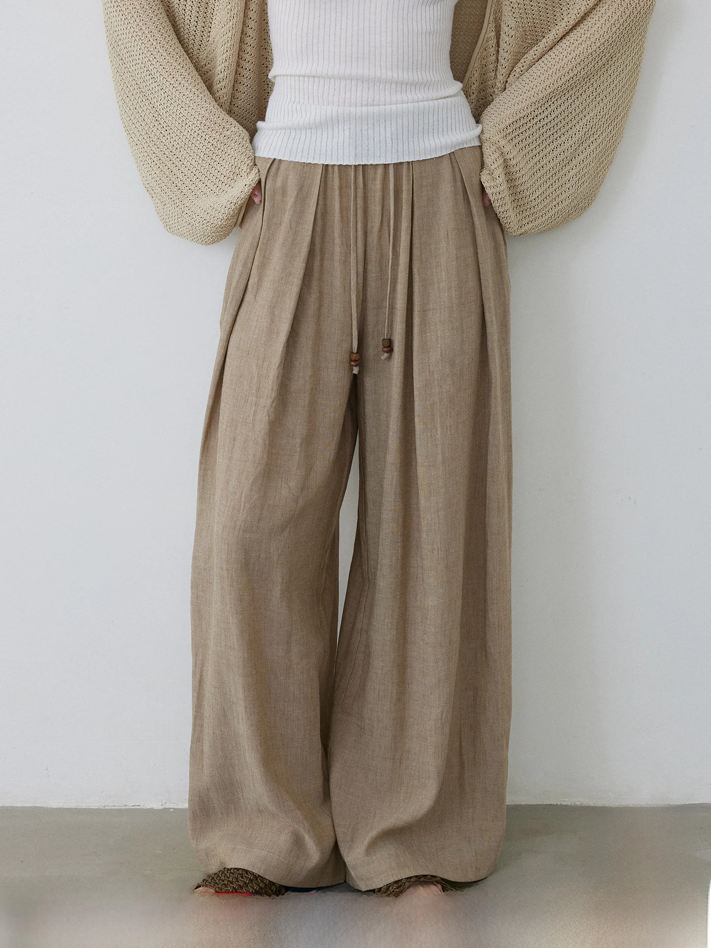 

KEARA High Waist Drawstring Wide Leg Pants Women's Loose Feel Pleated Casual Straight Leg Trousers Lenzing Lyocell Blend
