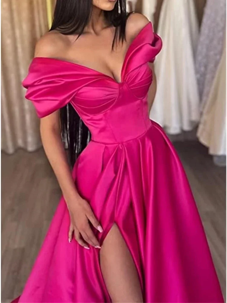 Customized Off Shoulder V-neck Vestidos De Mujer Slim Waist Split Prom Dresses With Pockets Long Pleates Formal Evening Gowns