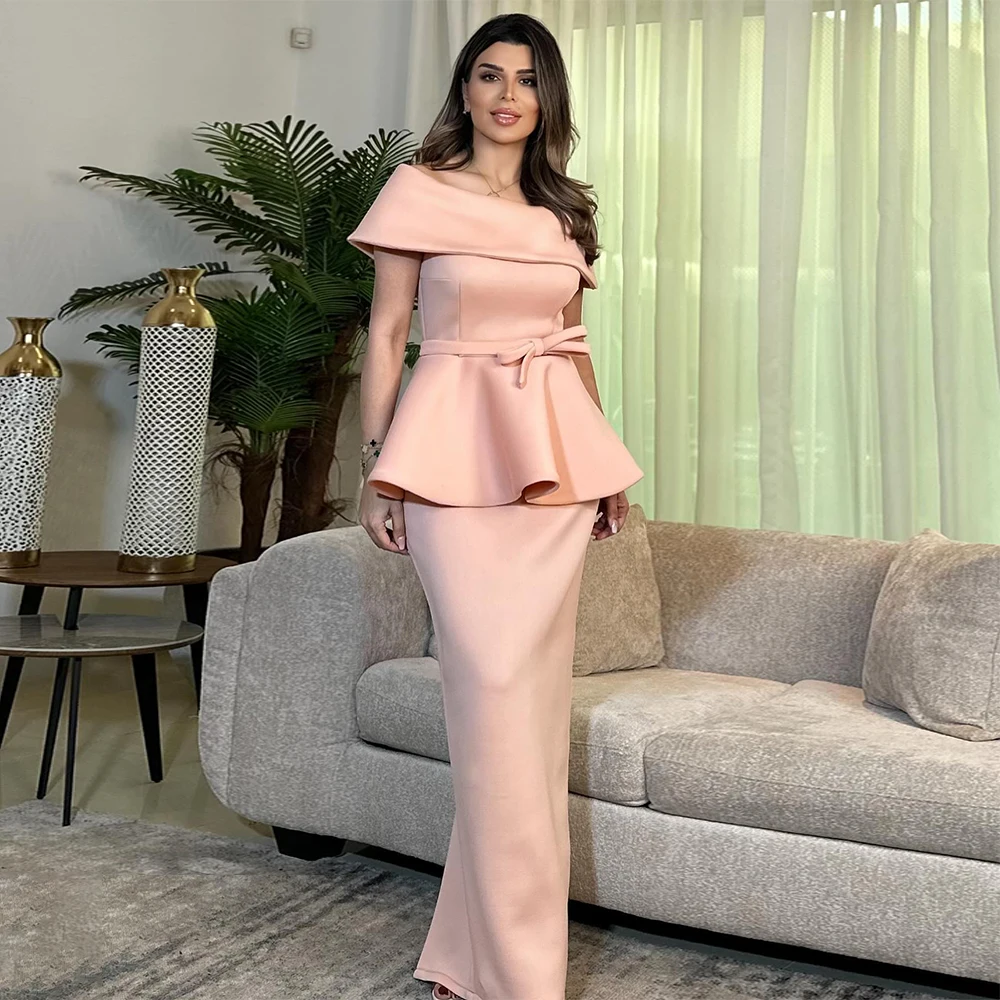 

Column Wedding Party Dresses Pink Satin Off the Shoulder Floor Length Formal Gowns for Women 2024 Belt Sheath Evening Dress Long