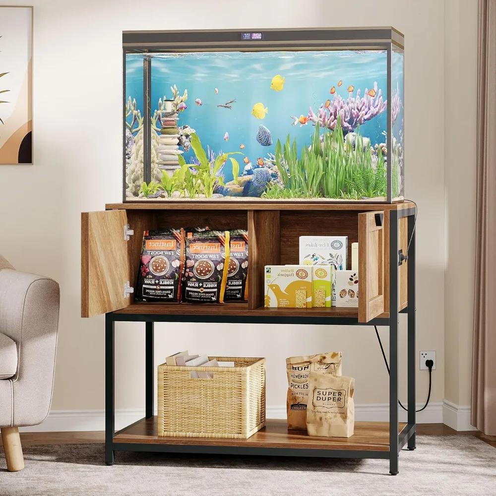 Fish Tank Stand with Power Outlets, Large Wood Aquarium Stand with Cabinet Storage, 35.4