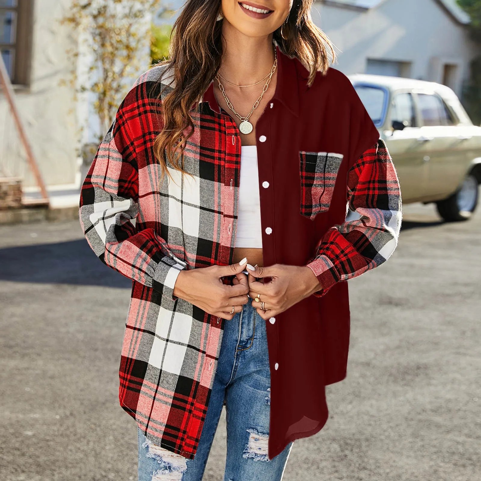 Women Shirt Jacket Autumn Lady Thin Long Sleeve Patchwork Plaid Print Mid Length Shirt Jacket Leisure Fashion Trendy Lapel Coat