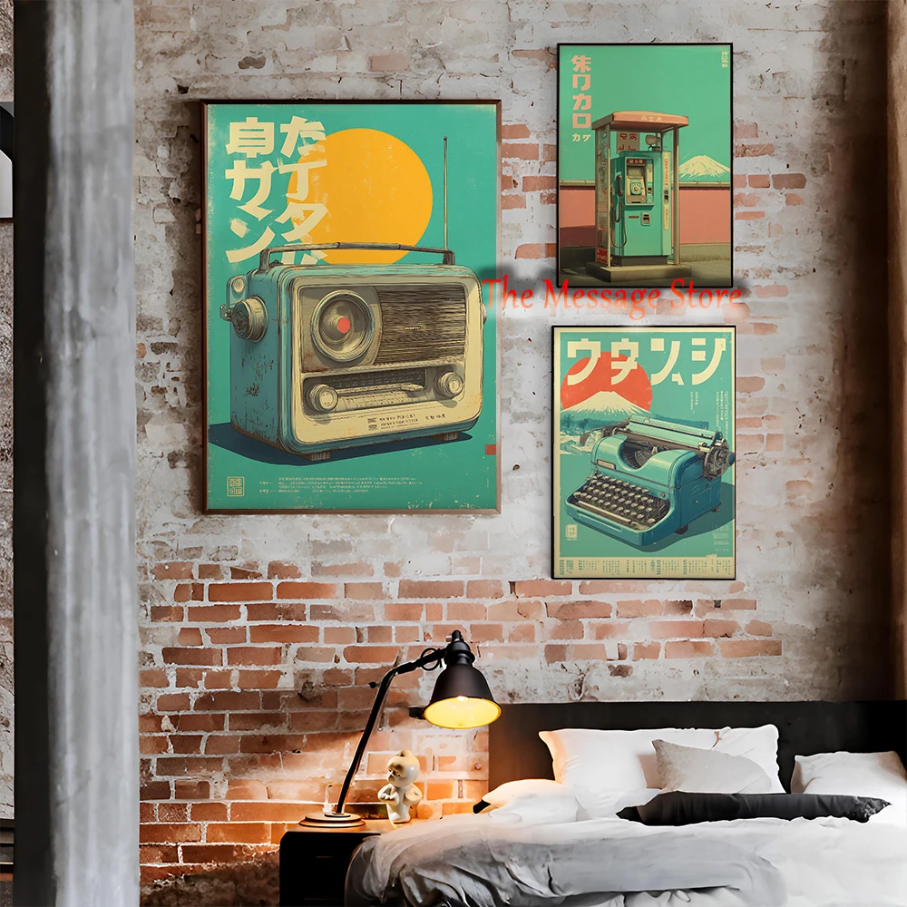 Vintage Mid Century 1950s Old Subjects Japanese Advert Radio TV Typewriter Camera Poster Canvas Painting Wall Picture Home Decor