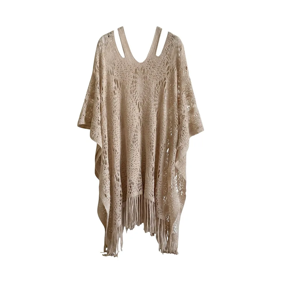 

Простая пляжная накидка-шаль в богемном стиле с защитой от солнца, с кисточками, больших размеров, вязаный крючком топ для женщин, свободный ажурный топ для отпуска