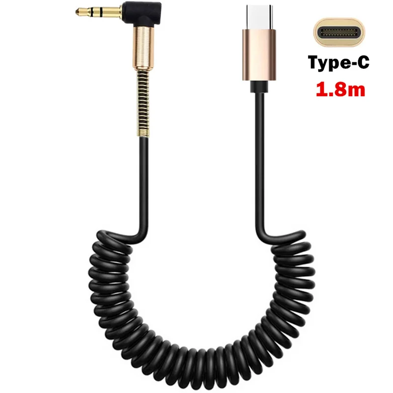 Spring Spiral Coiled USB C to 90 Degrees 3.5mm Extension Headphone  Audio Aux Jack Stereo Cord Car Cable for Smartphone Device