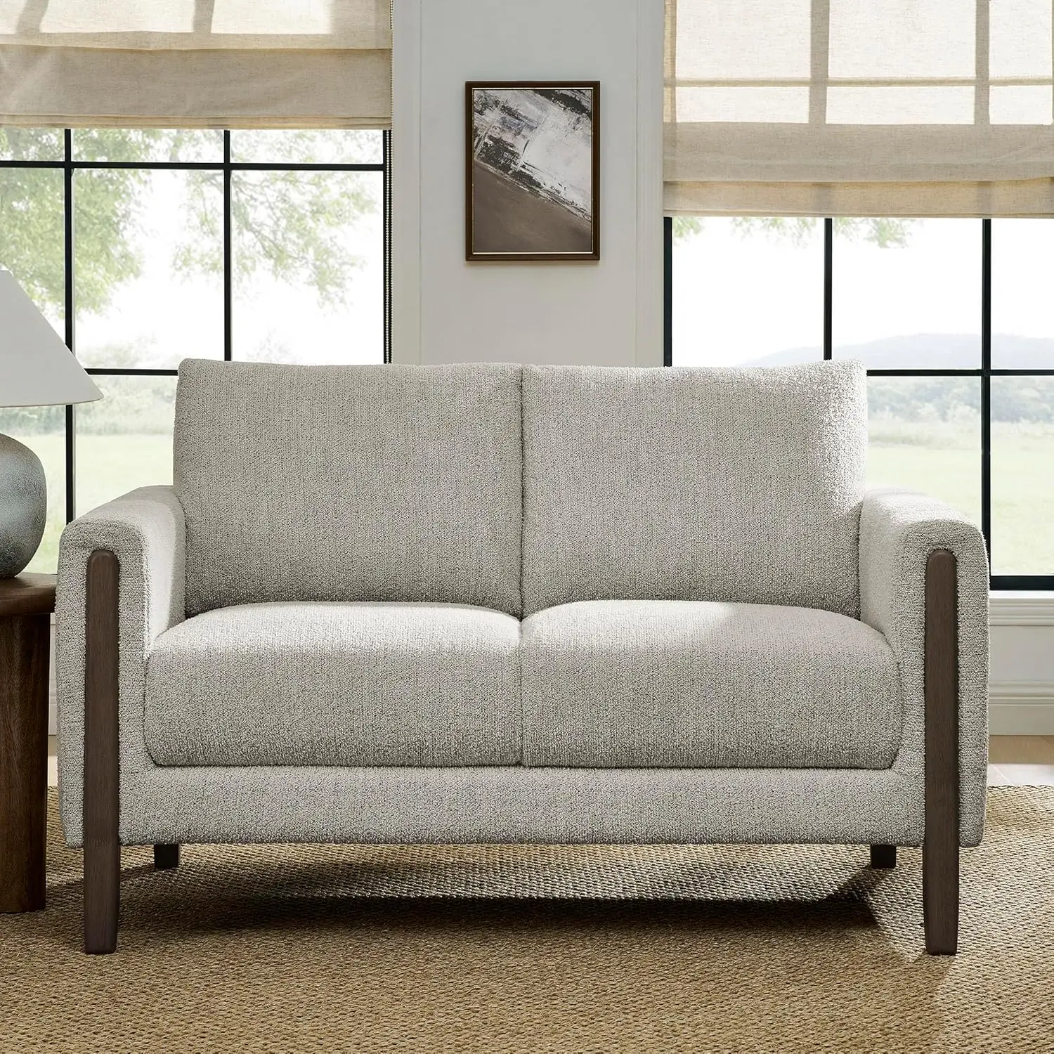 

Hawken 54 Inch Boucle Loveseat in Parchment Espresso with Wood Legs – Mid-Century Modern Small Space