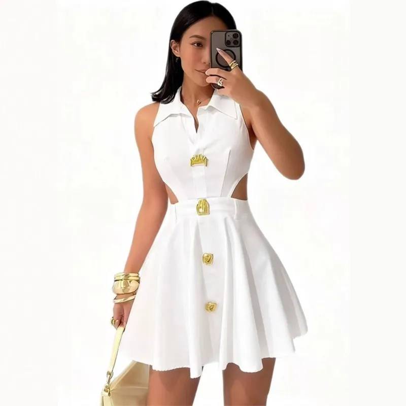 Mini abito elegante alla moda per Lady 2025 Colletto POLO estivo senza maniche con cut-out Vita snellente Gonna corta a trapezio Party