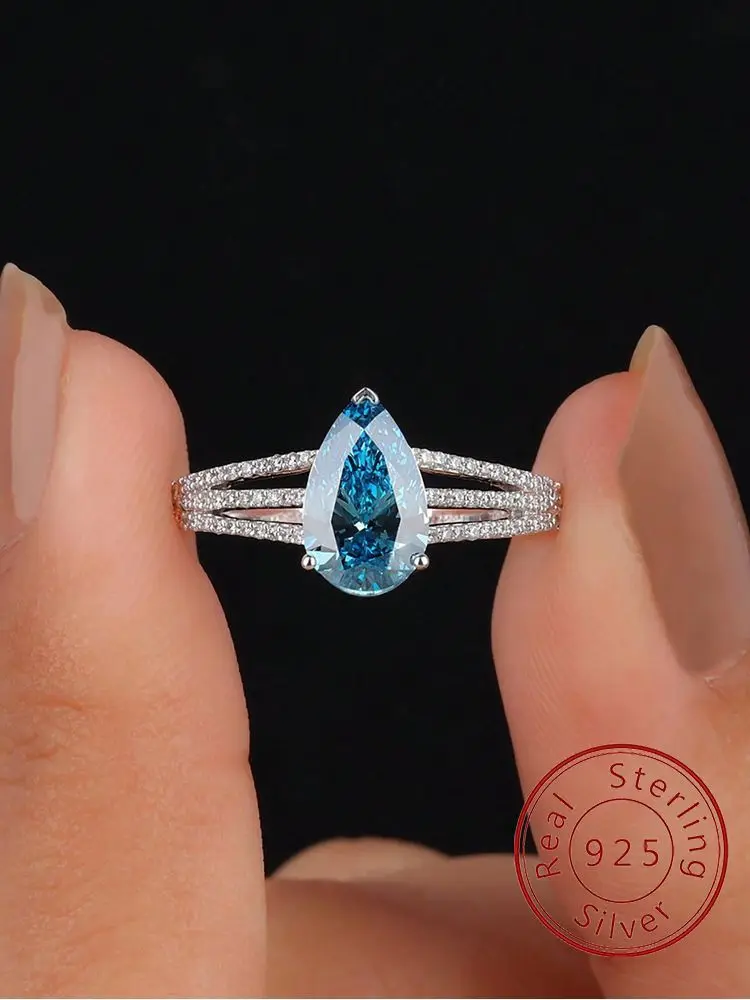 

925 Sterling Silver Fashion Vintage Sea Blue Pear Zircon Ring For Women Engagement Wedding Simple High Quality Fine Jewelry