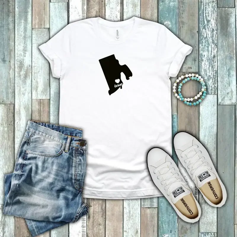 Camiseta blanca de 100 algodón con silueta de Rhode Island Ocean State Home Pride