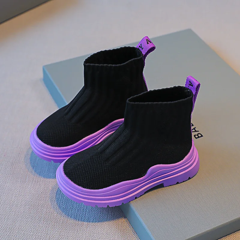 Winter Boots for Girls Socks Boots 2022 Autumn High-top Boots Breathable Mesh Flying Knitting Shoes Children's Sports Boots