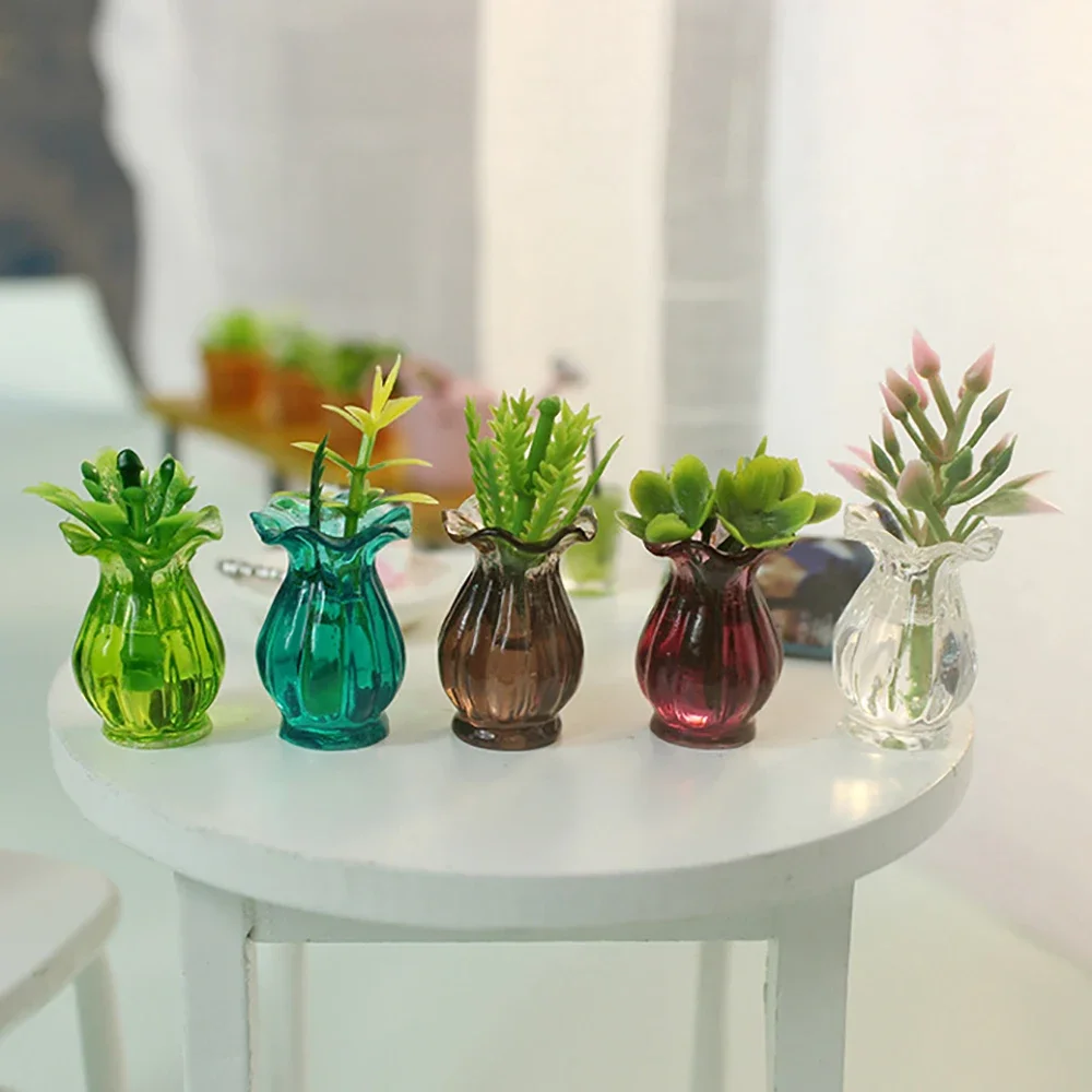 3Pcs 1/12 Dollhouse Miniature Resin Vase with Flower Mini Green Plants Model Toy Doll House Accessories Decoration