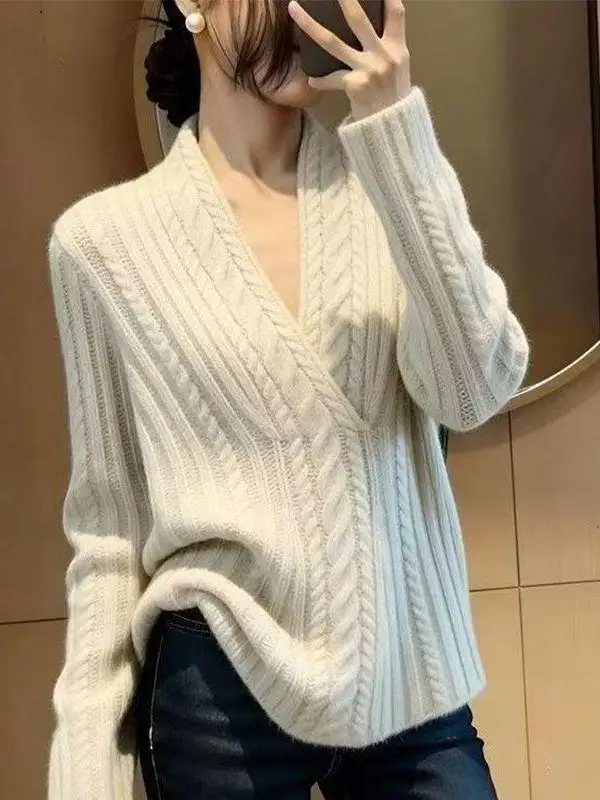 

Свободный повседневный вязаный свитер с V-образным вырезом для женщин, осенне-зимний, больших размеров, универсальная базовая кофта с низким вырезом, трикотажная майка