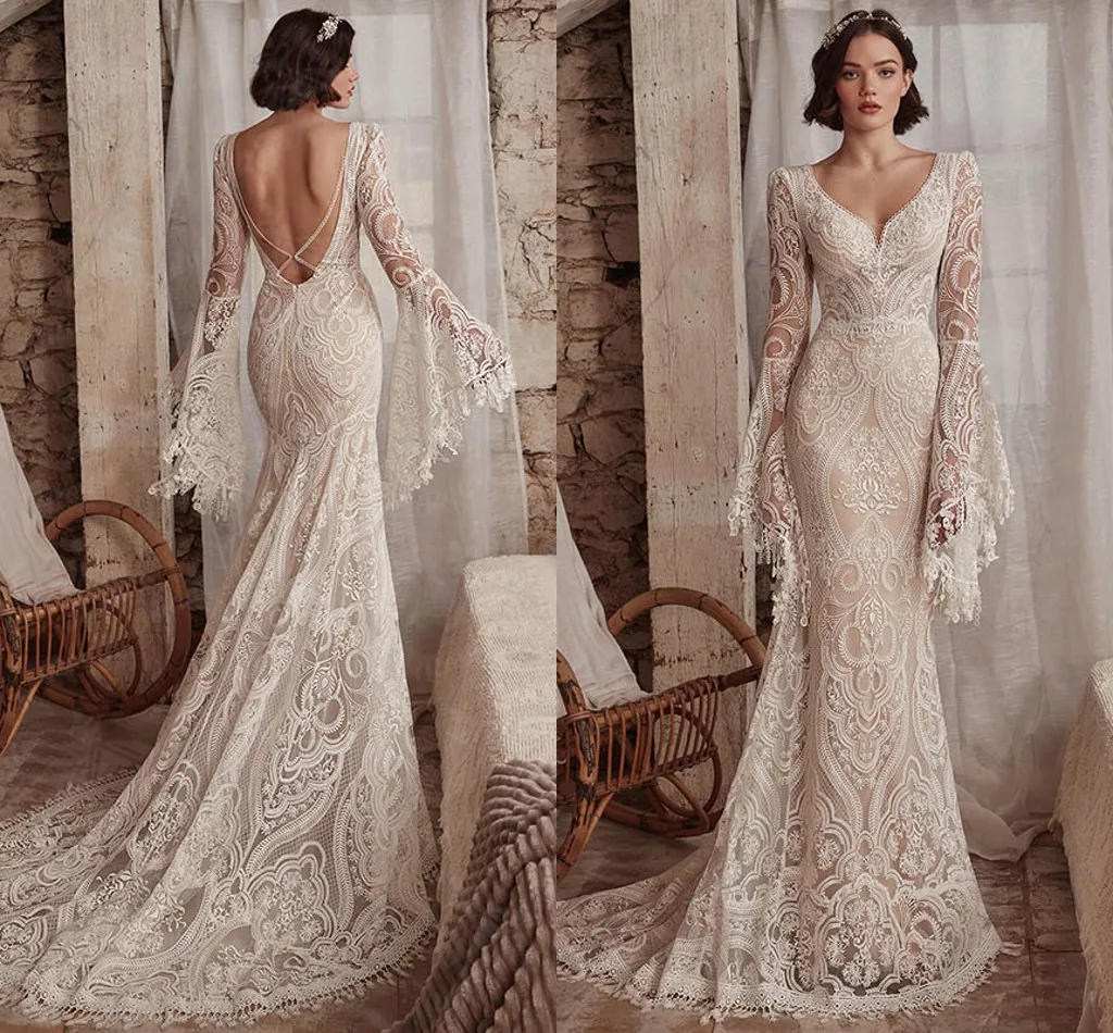 Mermaid Boho Wedding Dress V Neck Backless Long Flare Sleeve Lace appliqued beach country Bridal Gown Vestido De Novia