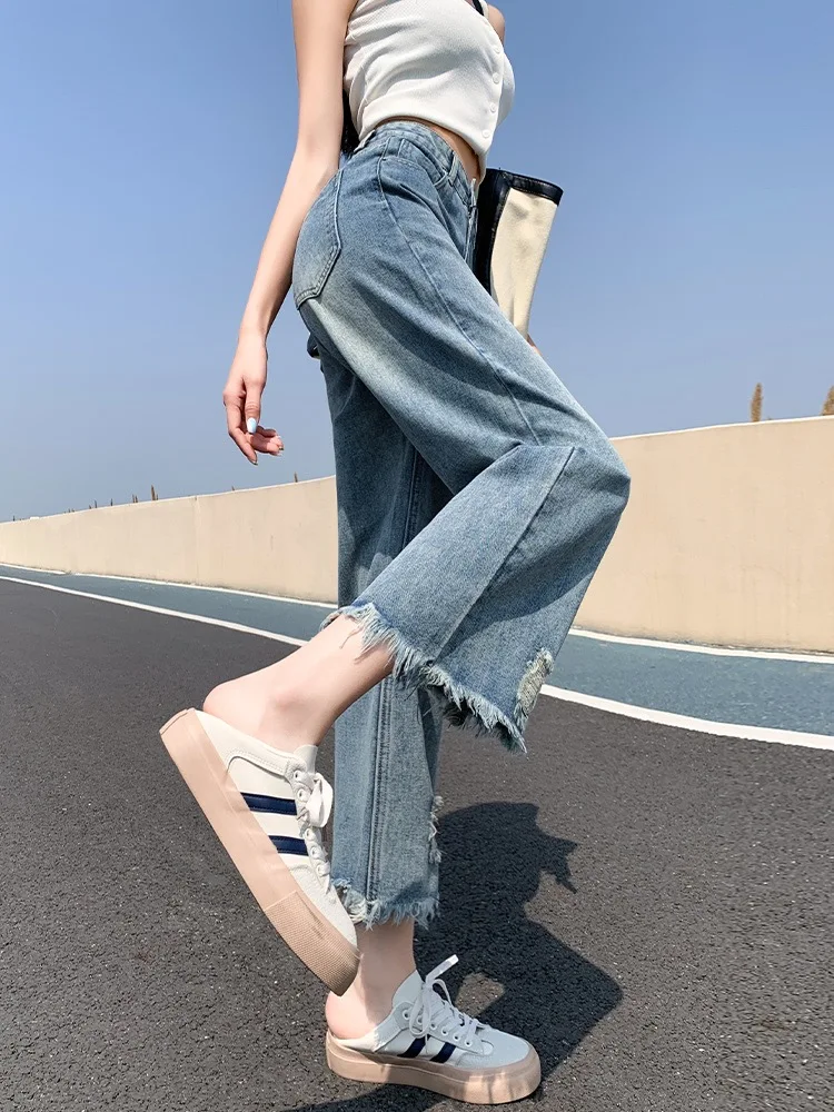 

Women's Loose Wide Leg Jeans Spring Summer Trendy Hole Punching Slimming High Waist Nine Point Thin Fabric Denim Pants