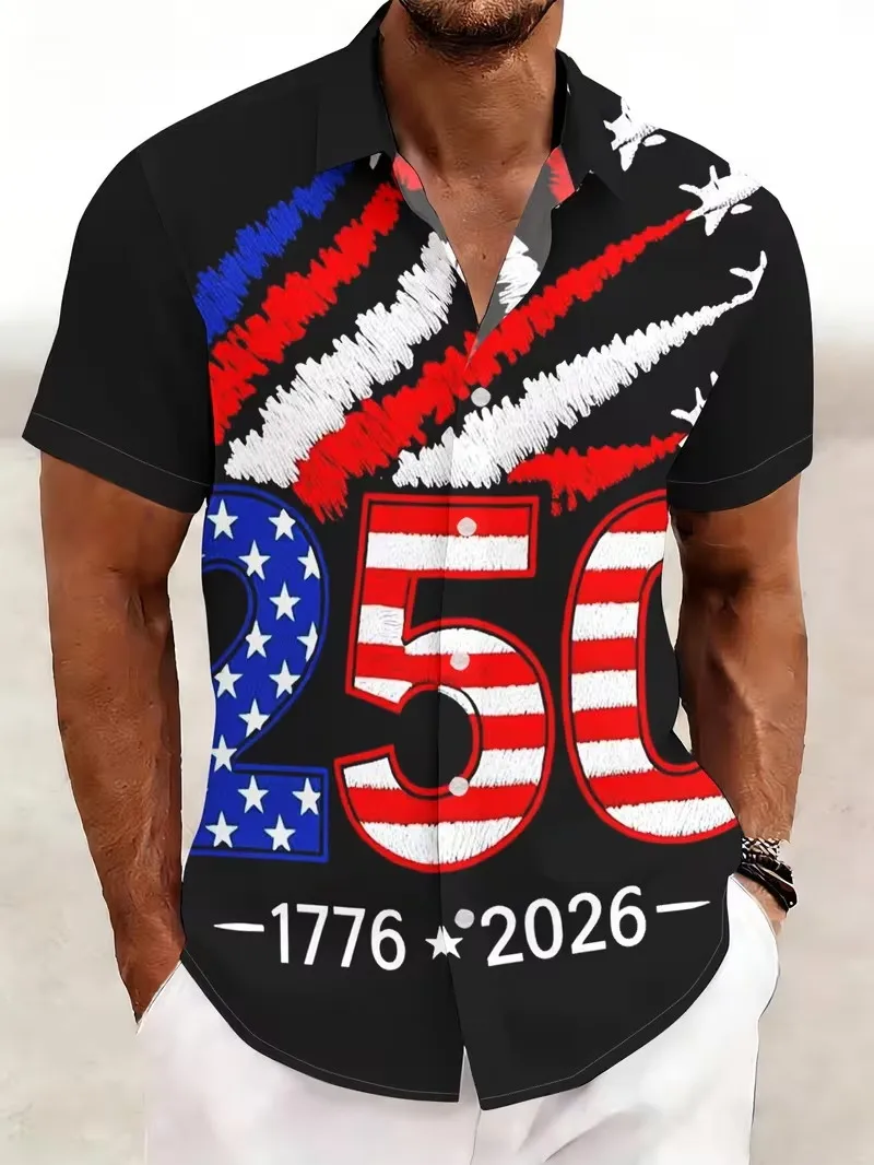 

Men's 250 Years Of Freedom 1776‑2026 American Flag Print Shirt Vintage Short Sleeve Button Down Hawaiian Cuban Shirts Tops