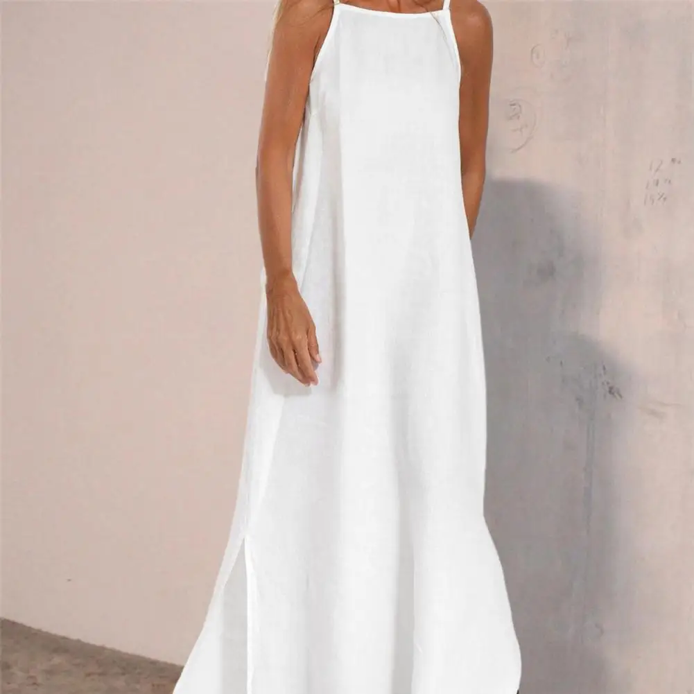 Lady Strappy Dress Elegant Shoulderless Maxi Dress with Side Split A-line Solid Color Ankle Length Vest Type Summer for Women