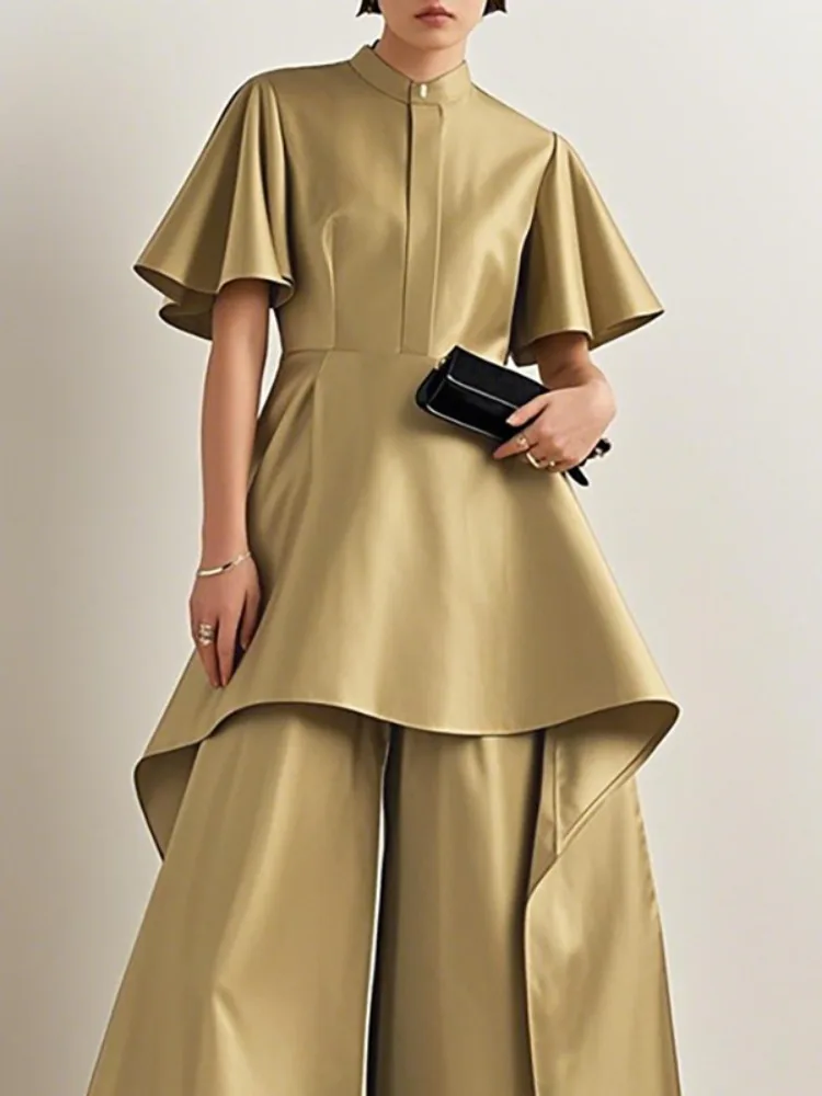 Freeacy Women's Extra-long Elegant T-shirt Luxury Gold Stand Collar Ruffled Sleeves High Waist Pleated Evening Wear Shirt Tops