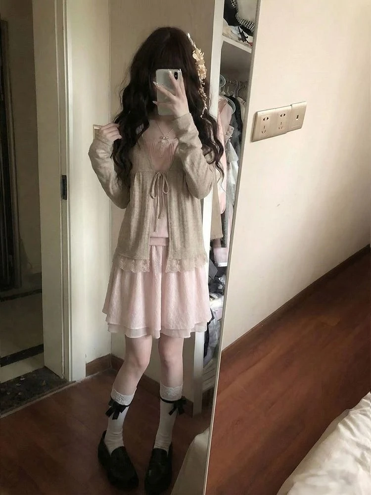 French Style Vintage Lace Up Patchwork Set Women Sweet Fake Two-piece Long Sleeve Top + Skirt Suit Casual Clothes Summer 2026