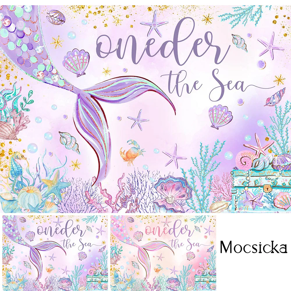 Mermaid One Birthday Photo Backdrop Under the Sea Watercolor Mermaid Tail Background Coral Shell Kids Custom Birthday Supplies