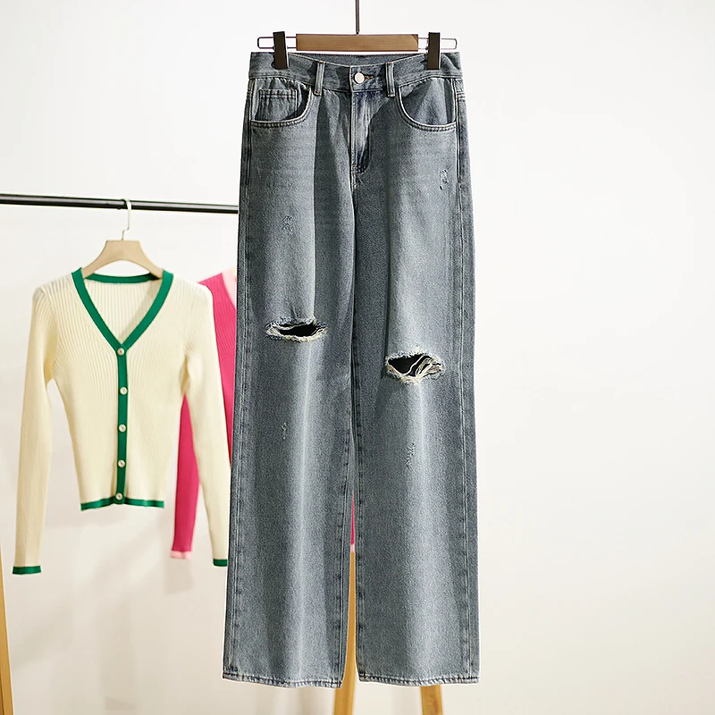 

XKing Spring New Women's High Waist Straight Leg Jeans Waed Denim Pants with Rayon Torn Hole Spring Season Ladies Jeans