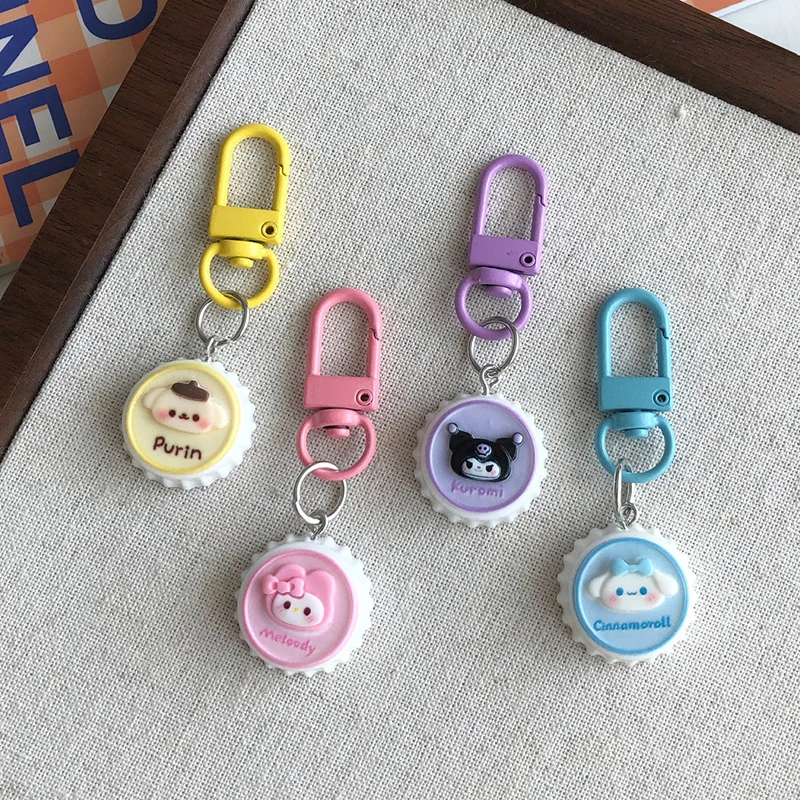 Sweet Sanrio Anime Cinnamoroll Kuromi Melody Purin Pochacco Kt Cat Keychain Pendant Cute Bottle Cap Keychain Bag Decoration