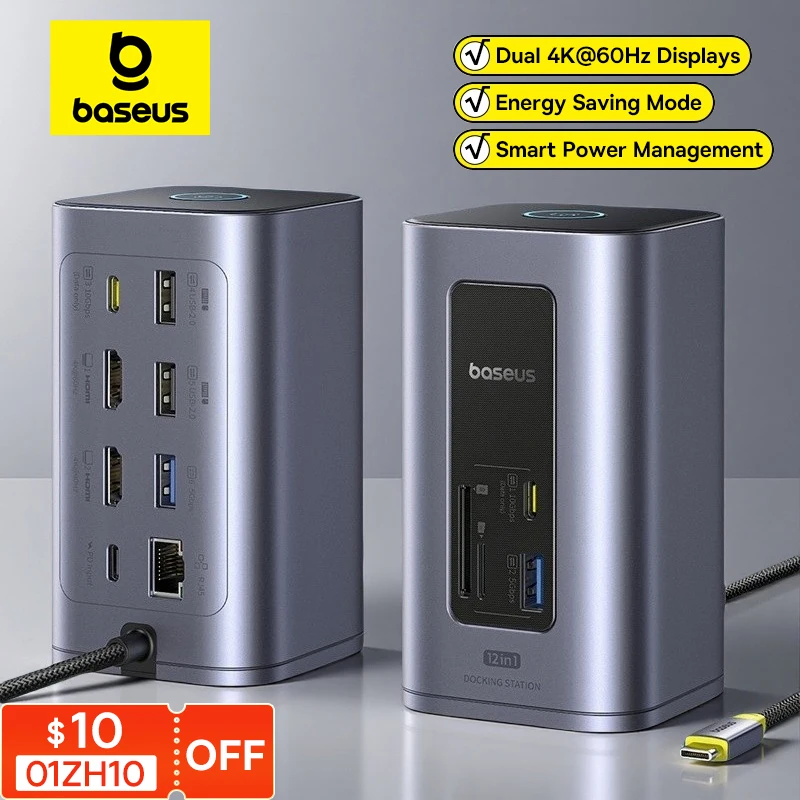 Baseus 12 em 1 hub usb c para hdmi 4k @ 60hz display duplo adaptador usb 3.2 com rj45 sd tf pd 100w docking station para janela mac hub