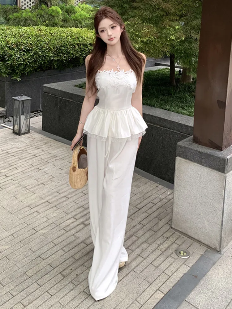 

Korean version high-end lace design waist cinching puffy strapless vest loose wide leg pants commute casual two-piece set