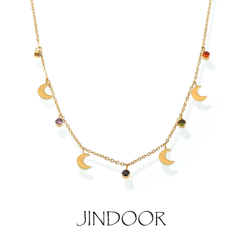 JINDOOR 18K Gold-Plated Stainless Steels Moon Pendant Station Necklace – Dainty Zircon Gold Choker for Everyday Elegance